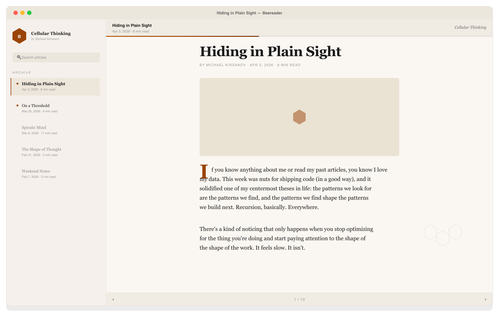 Beereader on macOS showing a Cellular Thinking article with sidebar archive and reading progress bar